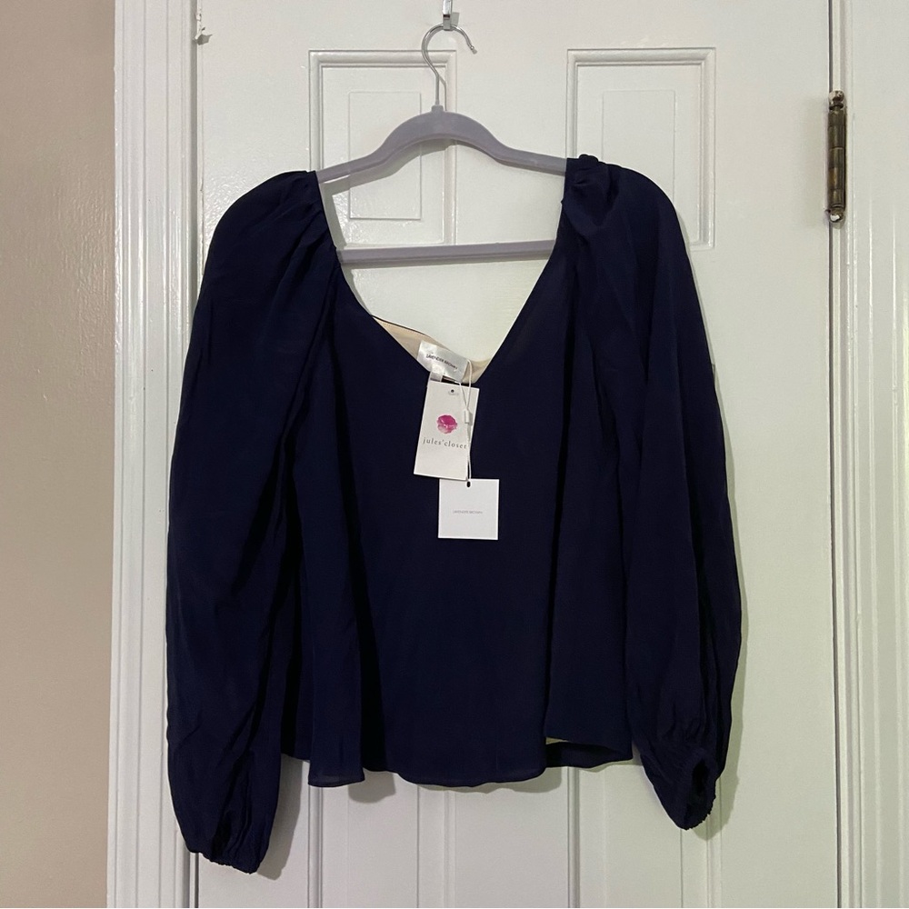 NWT - Lavender Brown Puff Sleeve 100% Silk Top Navy - Small